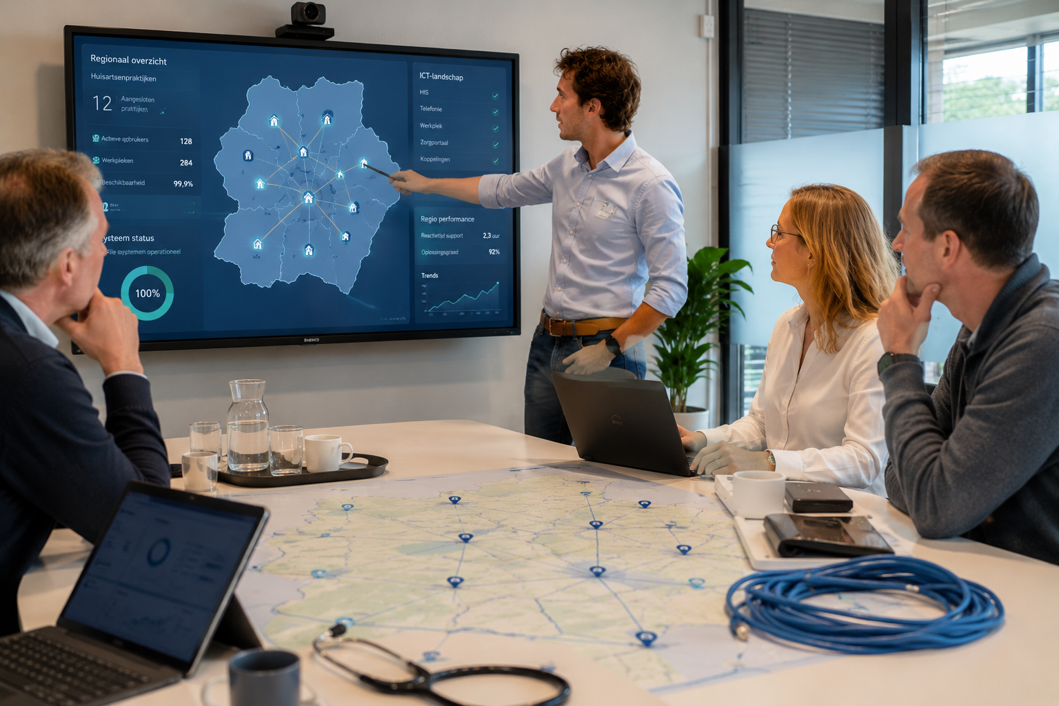 Regio-organisatie met kaart en aanwijsstok